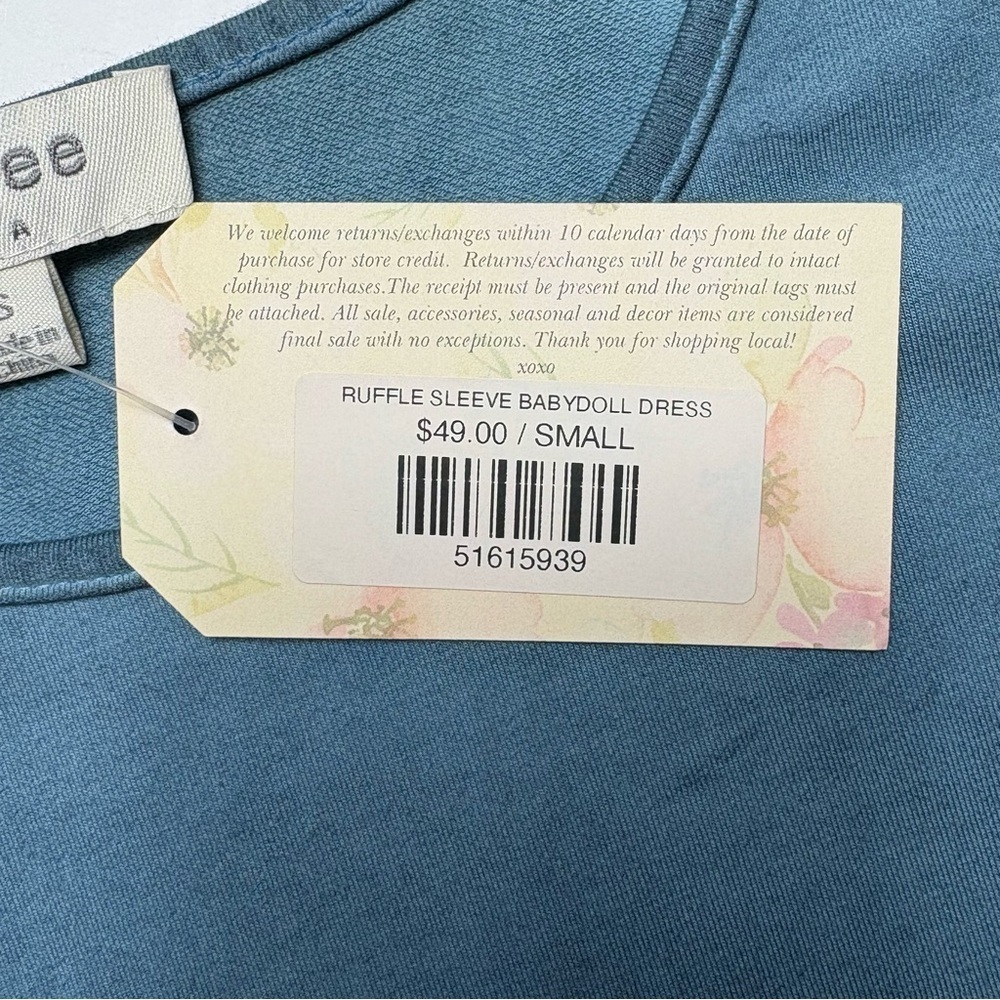 NEW Umgee Ruffle Sleeve Babydoll Shift Dress • Size S • Cotton Blend Washed Blue - Picture 10 of 10
